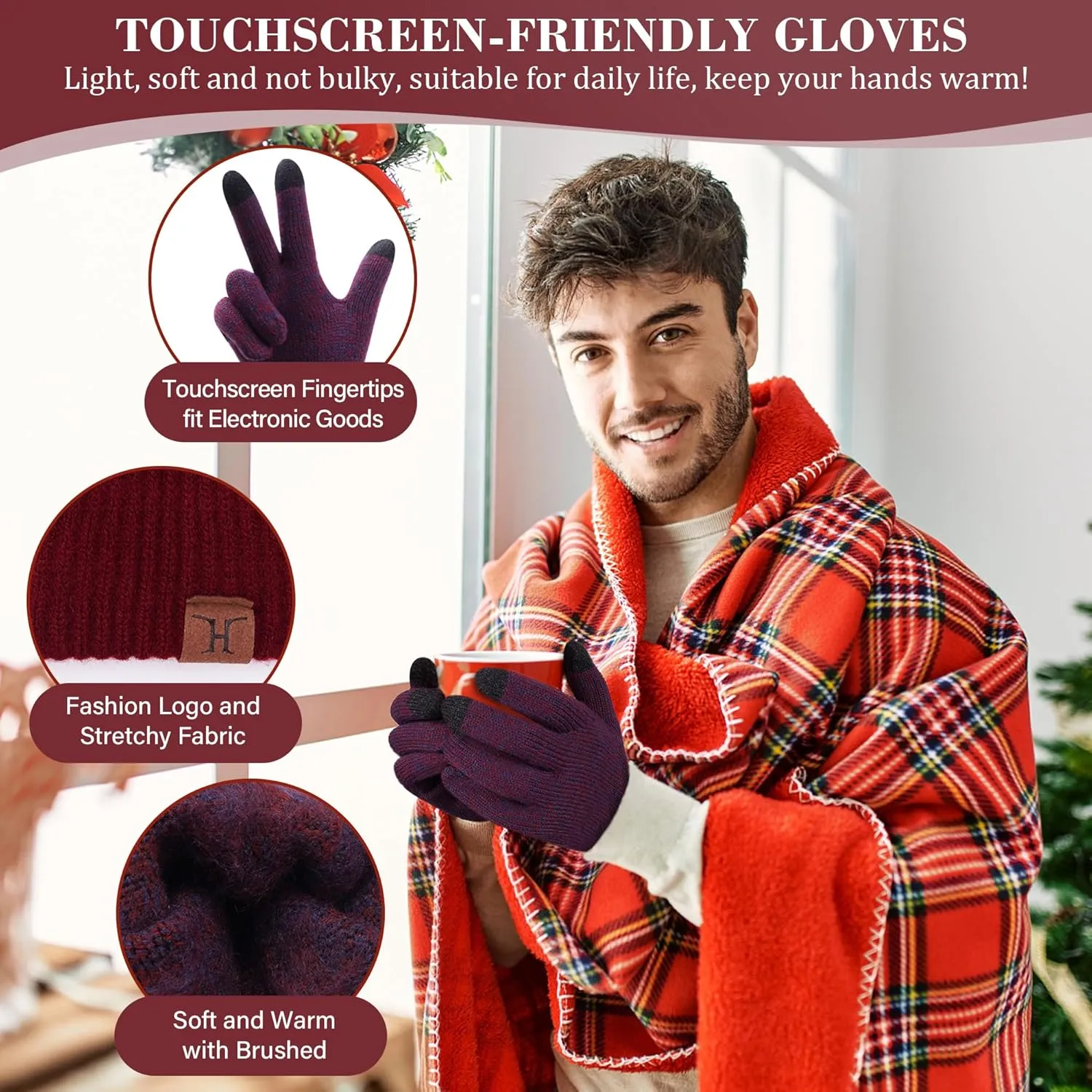 FZ FANTASTIC ZONE Mens Winter Knit Hat Beanie Long Neck Scarf Touchscreen Gloves Set Fleece Skull Caps Gifts for Men Women