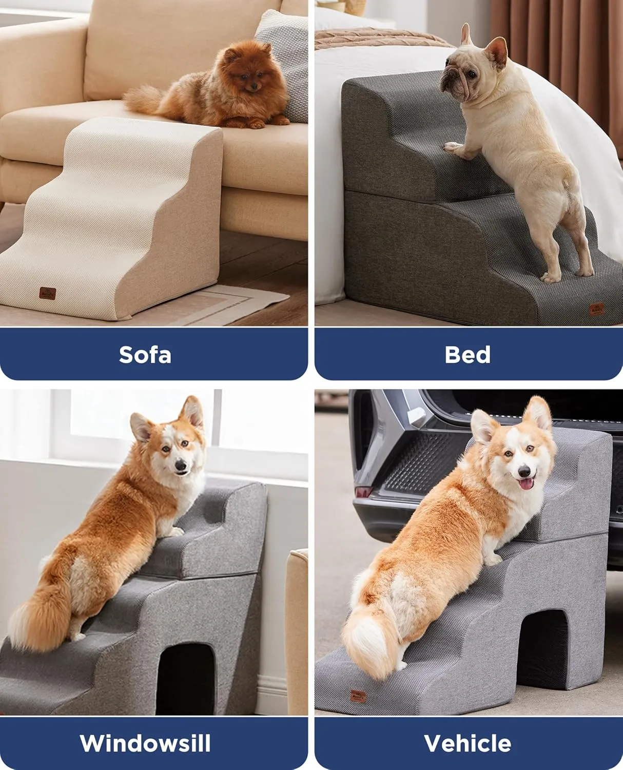 Gray Curved Dog Stairs Ramp for Small Dogs & Cats 17.1" H, 3-Step Dog Steps for Couch Sofa and Chair, Pet Stairs for Cats, Non-Slip Balanced Pet Steps