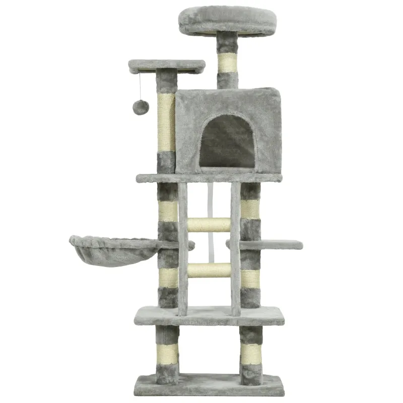 Grey Cat Tree with Hammock and Condo - 125cm Scratching Post for Large Indoor Cats
