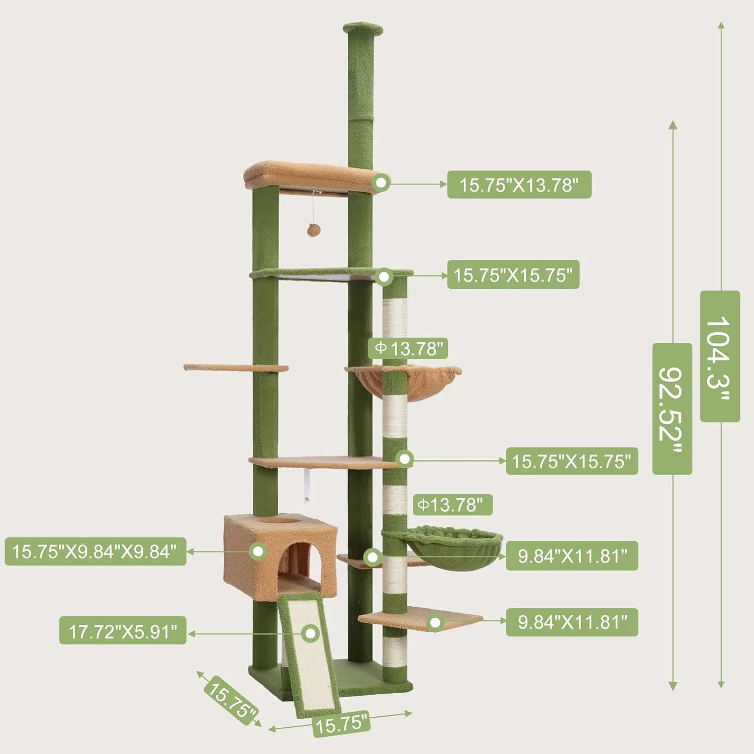 Hebly Cat Tree 92.5-104.3 Inches with Hammock, Floor to Ceiling Cactus Cat Condo,Tall Cat Climbing Tower Adjustable with Scratching Posts for Indoor Cats Green Yellow HCT091GM