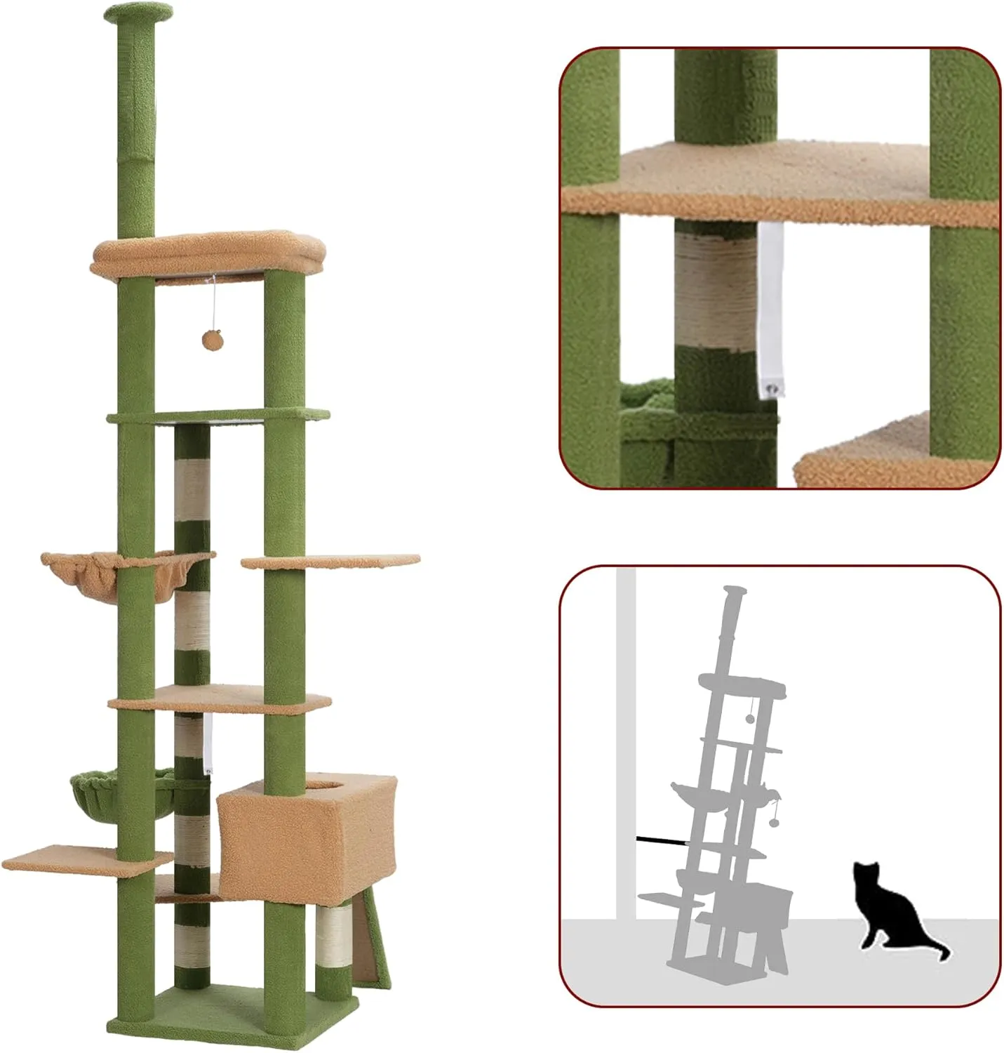 Hebly Cat Tree 92.5-104.3 Inches with Hammock, Floor to Ceiling Cactus Cat Condo,Tall Cat Climbing Tower Adjustable with Scratching Posts for Indoor Cats Green Yellow HCT091GM