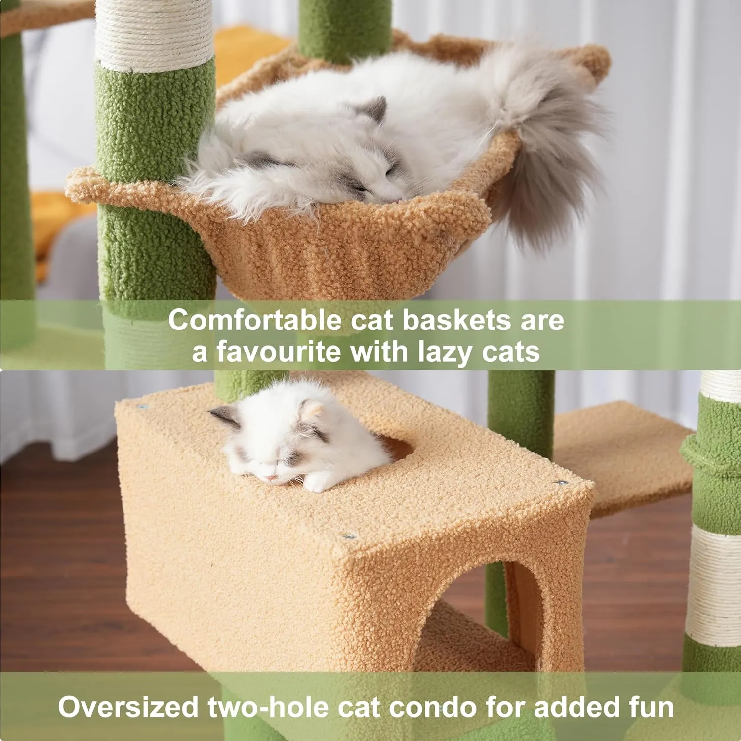 Hebly Cat Tree 92.5-104.3 Inches with Hammock, Floor to Ceiling Cactus Cat Condo,Tall Cat Climbing Tower Adjustable with Scratching Posts for Indoor Cats Green Yellow HCT091GM