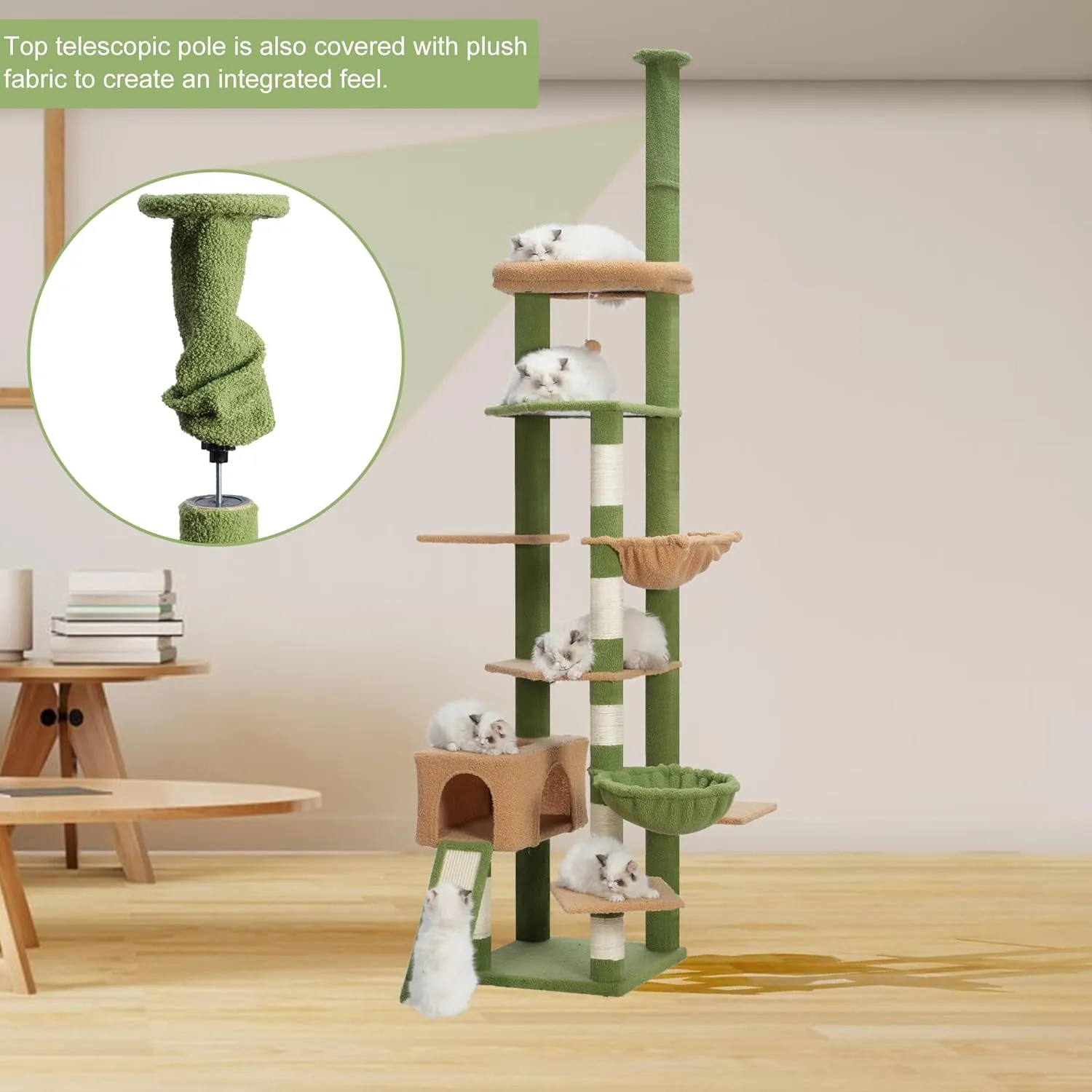 Hebly Cat Tree 92.5-104.3 Inches with Hammock, Floor to Ceiling Cactus Cat Condo,Tall Cat Climbing Tower Adjustable with Scratching Posts for Indoor Cats Green Yellow HCT091GM