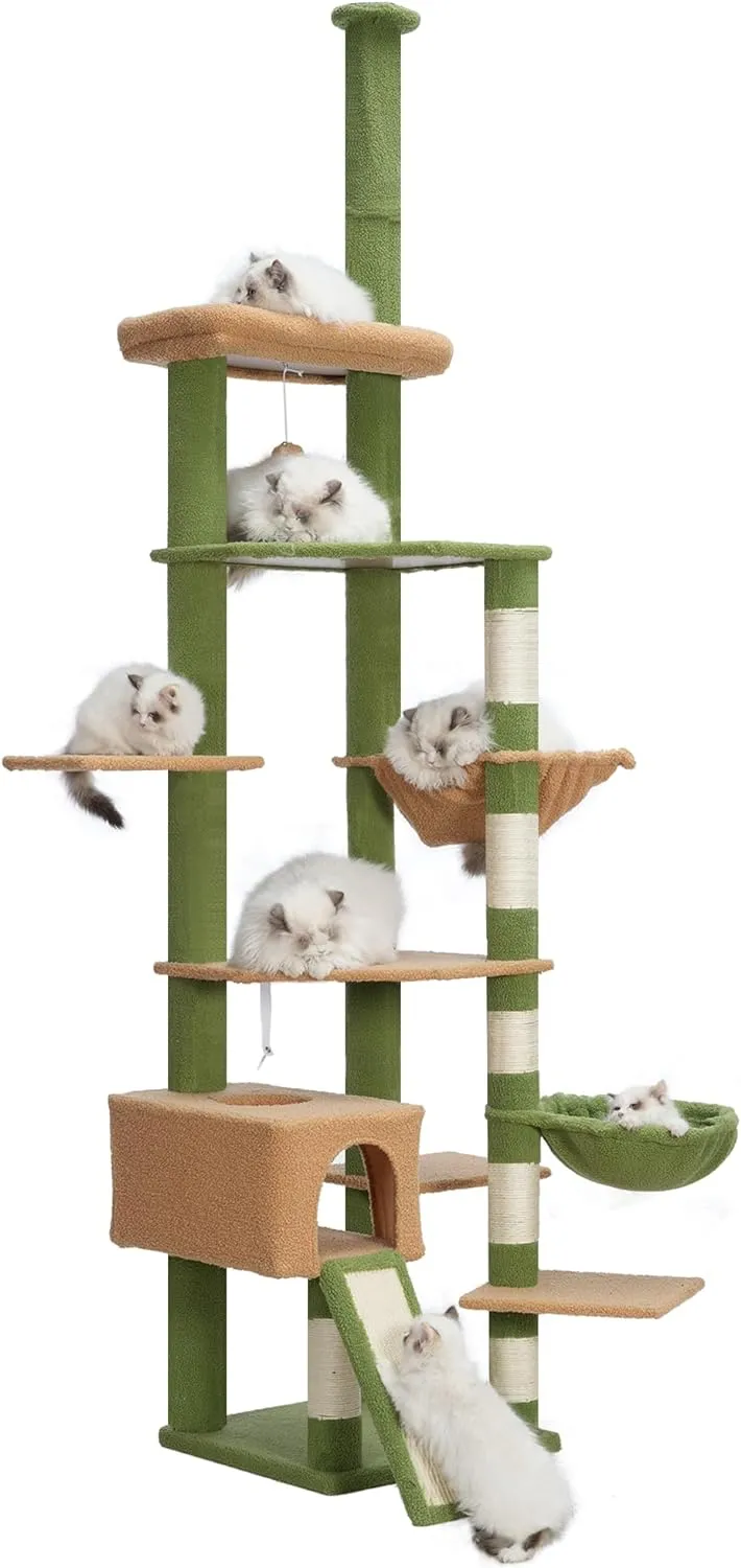 Hebly Cat Tree 92.5-104.3 Inches with Hammock, Floor to Ceiling Cactus Cat Condo,Tall Cat Climbing Tower Adjustable with Scratching Posts for Indoor Cats Green Yellow HCT091GM