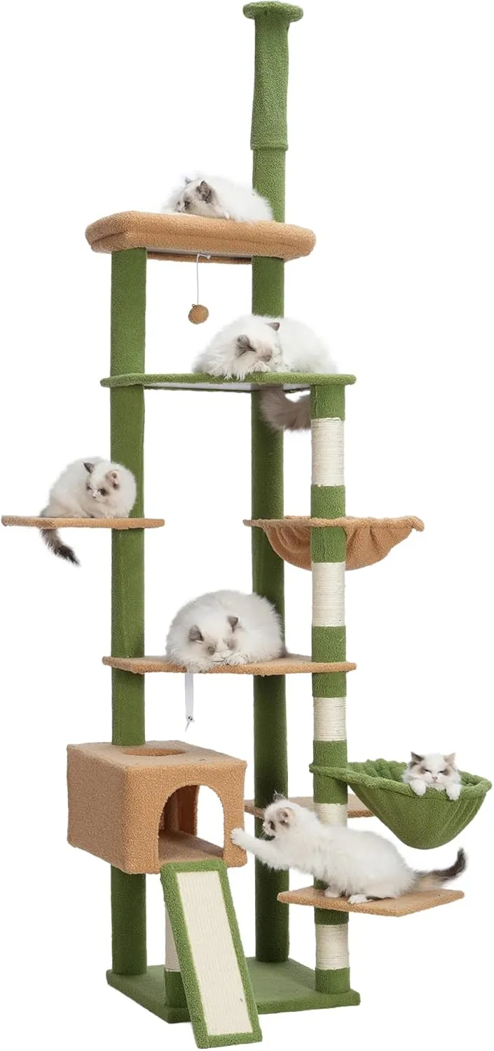 Hebly Cat Tree 92.5-104.3 Inches with Hammock, Floor to Ceiling Cactus Cat Condo,Tall Cat Climbing Tower Adjustable with Scratching Posts for Indoor Cats Green Yellow HCT091GM