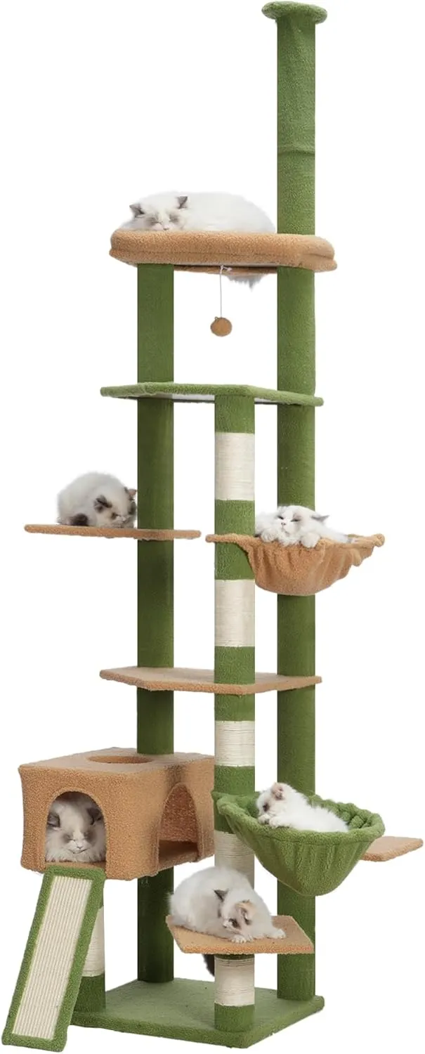 Hebly Cat Tree 92.5-104.3 Inches with Hammock, Floor to Ceiling Cactus Cat Condo,Tall Cat Climbing Tower Adjustable with Scratching Posts for Indoor Cats Green Yellow HCT091GM