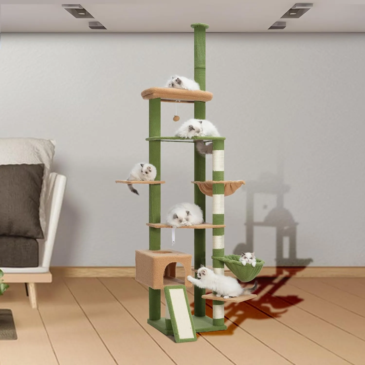 Hebly Cat Tree 92.5-104.3 Inches with Hammock, Floor to Ceiling Cactus Cat Condo,Tall Cat Climbing Tower Adjustable with Scratching Posts for Indoor Cats Green Yellow HCT091GM
