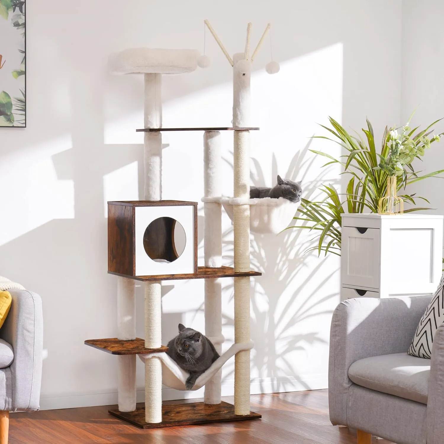 Hey-brother Wooden Cat Tree, 66.1 Cat Furniture with Scratching Posts, Modern Cat Tower with hammocks, Toys, cat condo, Rustic Brown MPJ120SR