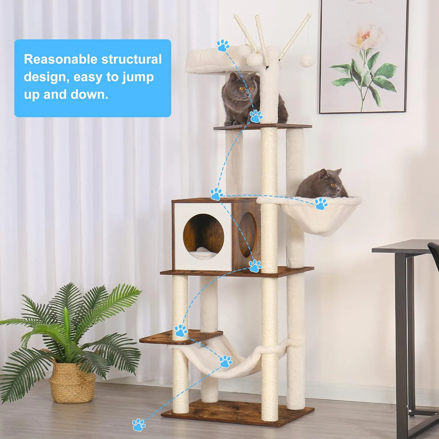 Hey-brother Wooden Cat Tree, 66.1 Cat Furniture with Scratching Posts, Modern Cat Tower with hammocks, Toys, cat condo, Rustic Brown MPJ120SR