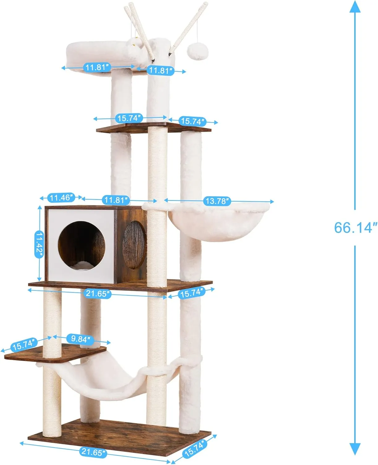 Hey-brother Wooden Cat Tree, 66.1 Cat Furniture with Scratching Posts, Modern Cat Tower with hammocks, Toys, cat condo, Rustic Brown MPJ120SR