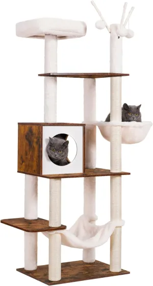 Hey-brother Wooden Cat Tree, 66.1 Cat Furniture with Scratching Posts, Modern Cat Tower with hammocks, Toys, cat condo, Rustic Brown MPJ120SR