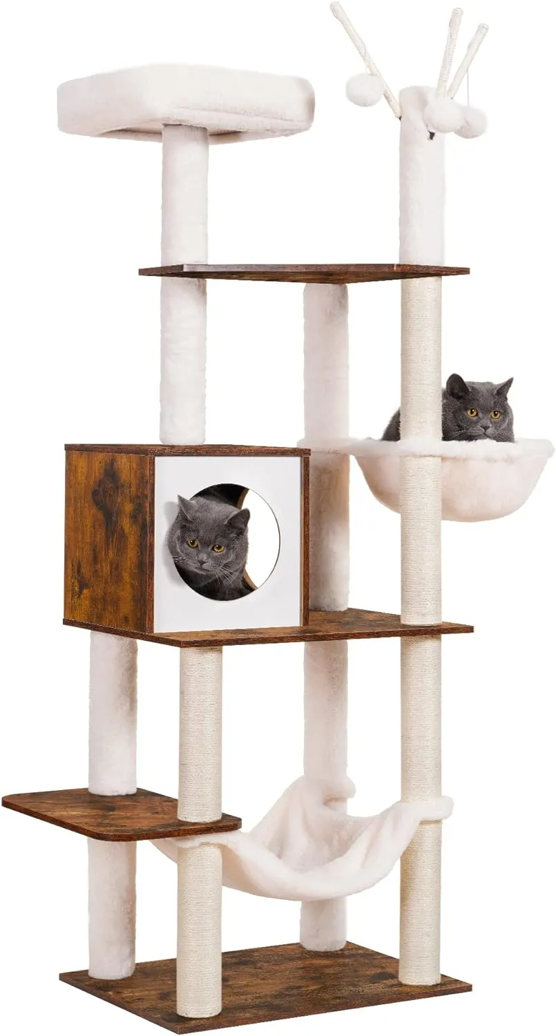 Hey-brother Wooden Cat Tree, 66.1 Cat Furniture with Scratching Posts, Modern Cat Tower with hammocks, Toys, cat condo, Rustic Brown MPJ120SR