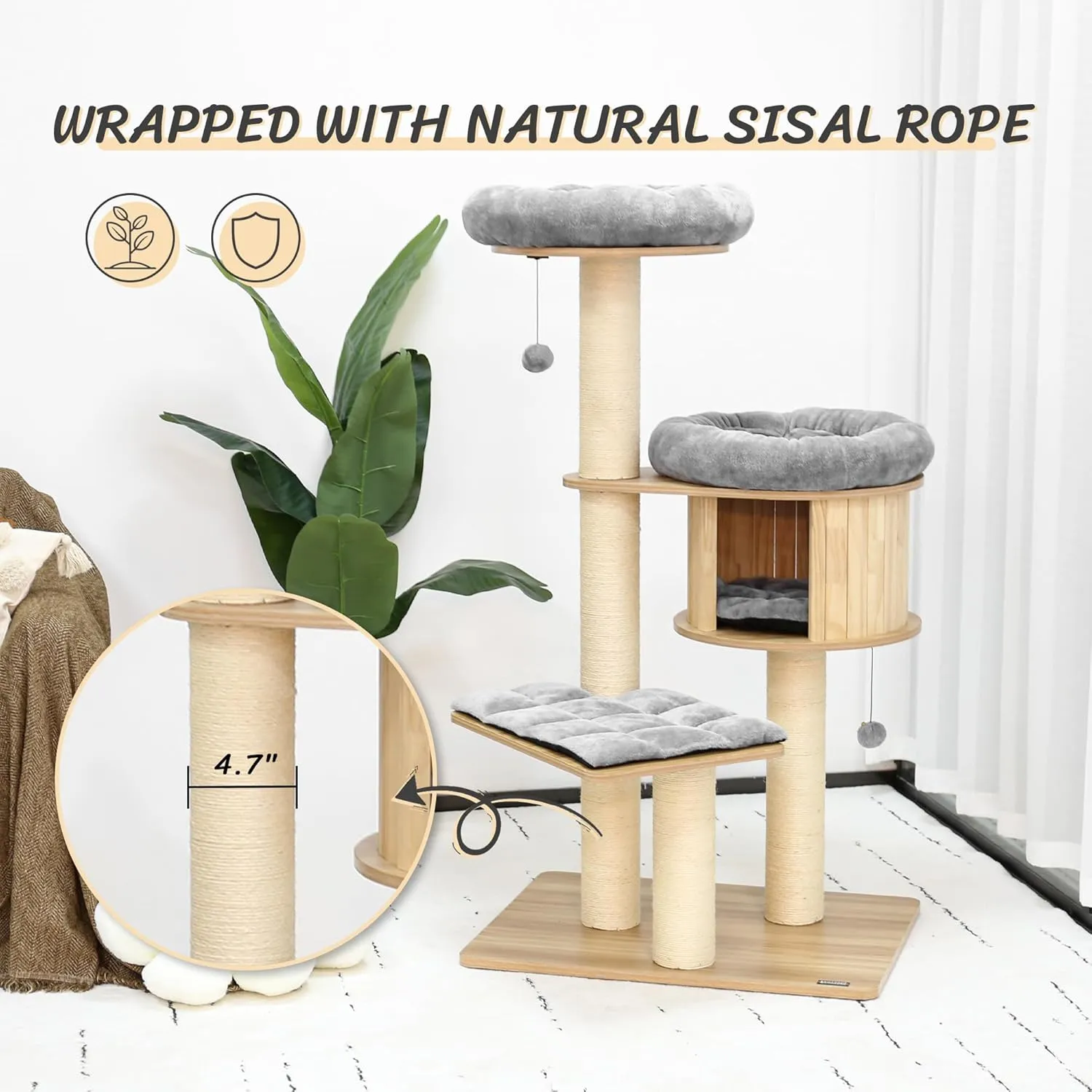 KAMABOKO 58.6" Modern Cat Tree, Wood Cat Tree w/ 4.7" Large Dia Sisal Scratching Posts, Heavy-Duty Cat Trees for Large Cats with Condo, Cushions for Cats Climb Scratch Play Rest