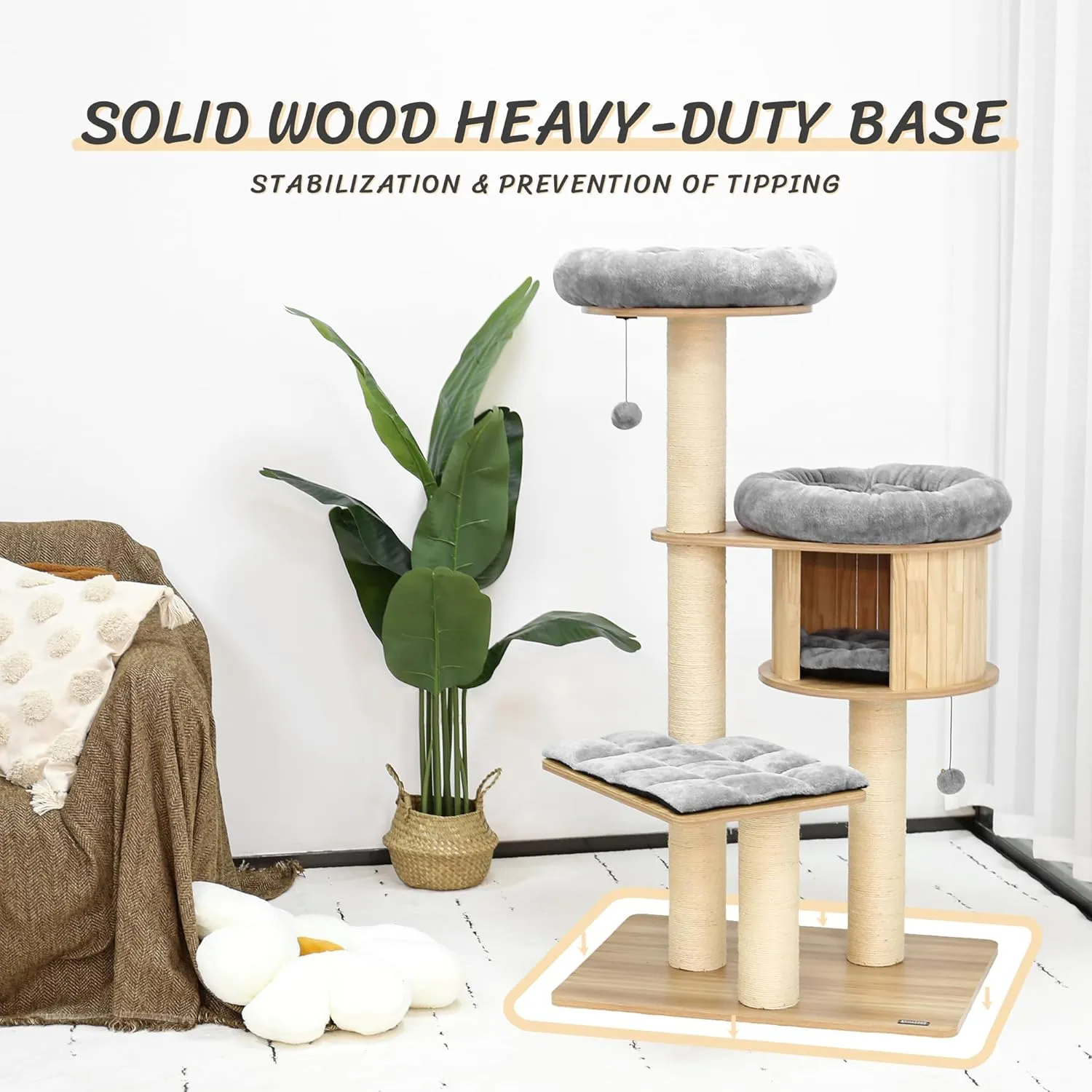 KAMABOKO 58.6" Modern Cat Tree, Wood Cat Tree w/ 4.7" Large Dia Sisal Scratching Posts, Heavy-Duty Cat Trees for Large Cats with Condo, Cushions for Cats Climb Scratch Play Rest