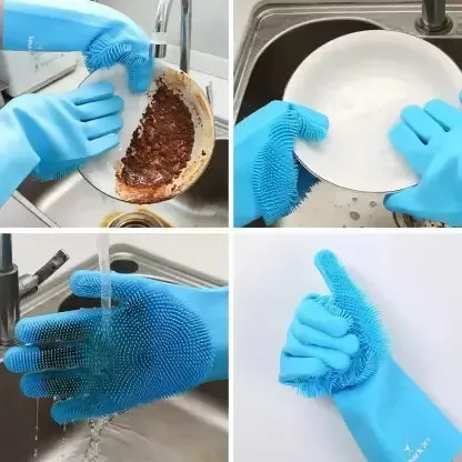 Magic Silicone Dishwashing Gloves Multi-Use Kitchen, Bathroom, and Pet Grooming Cleaning Gloves (Pack Of 2)