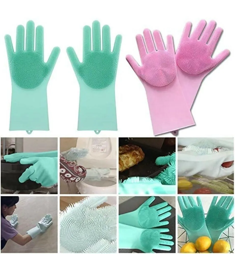 Magic Silicone Dishwashing Gloves Multi-Use Kitchen, Bathroom, and Pet Grooming Cleaning Gloves (Pack Of 2)