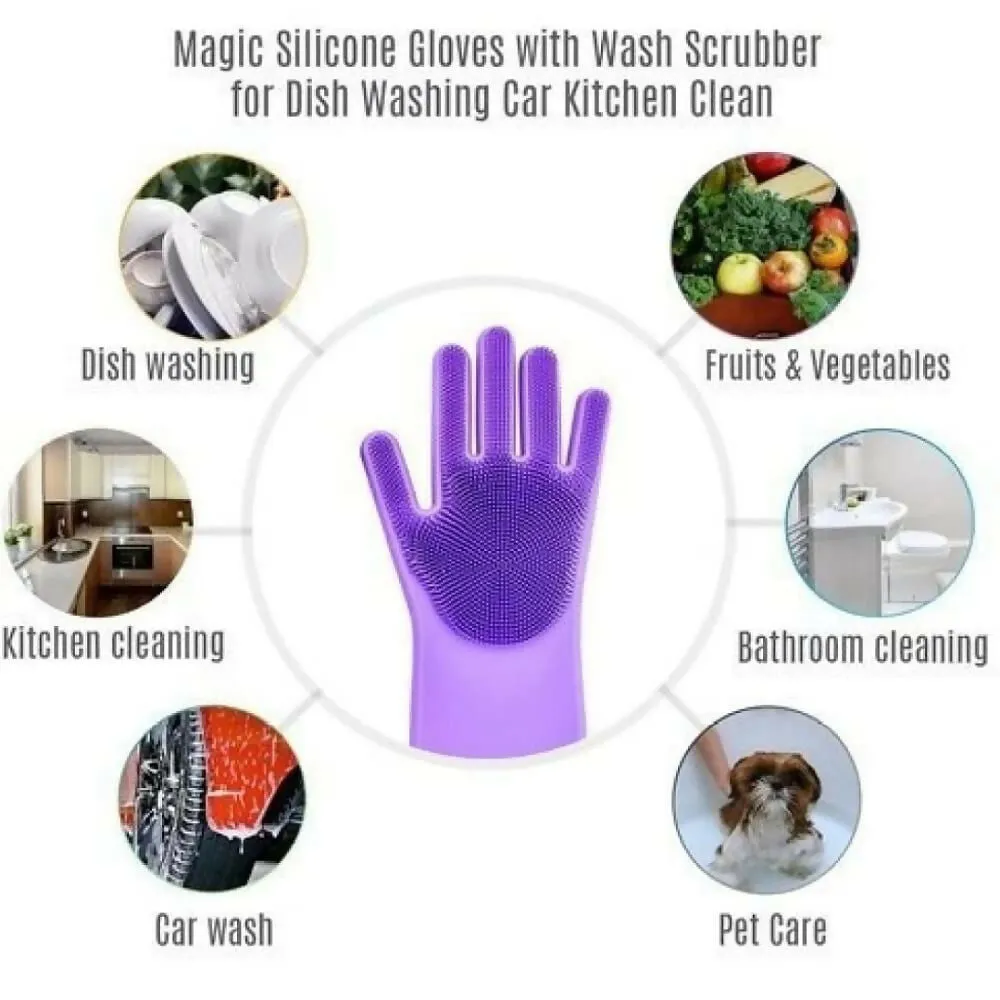 Magic Silicone Dishwashing Gloves Multi-Use Kitchen, Bathroom, and Pet Grooming Cleaning Gloves (Pack Of 2)