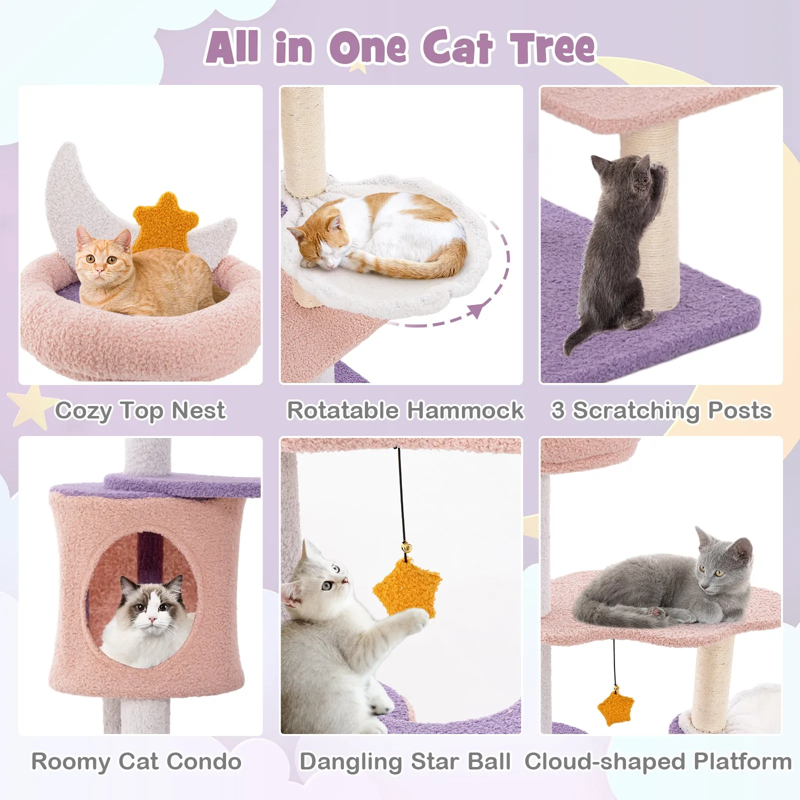 Multi-level Cute Cat Tree with Sisal Covered Scratching Posts and Condo-Purple