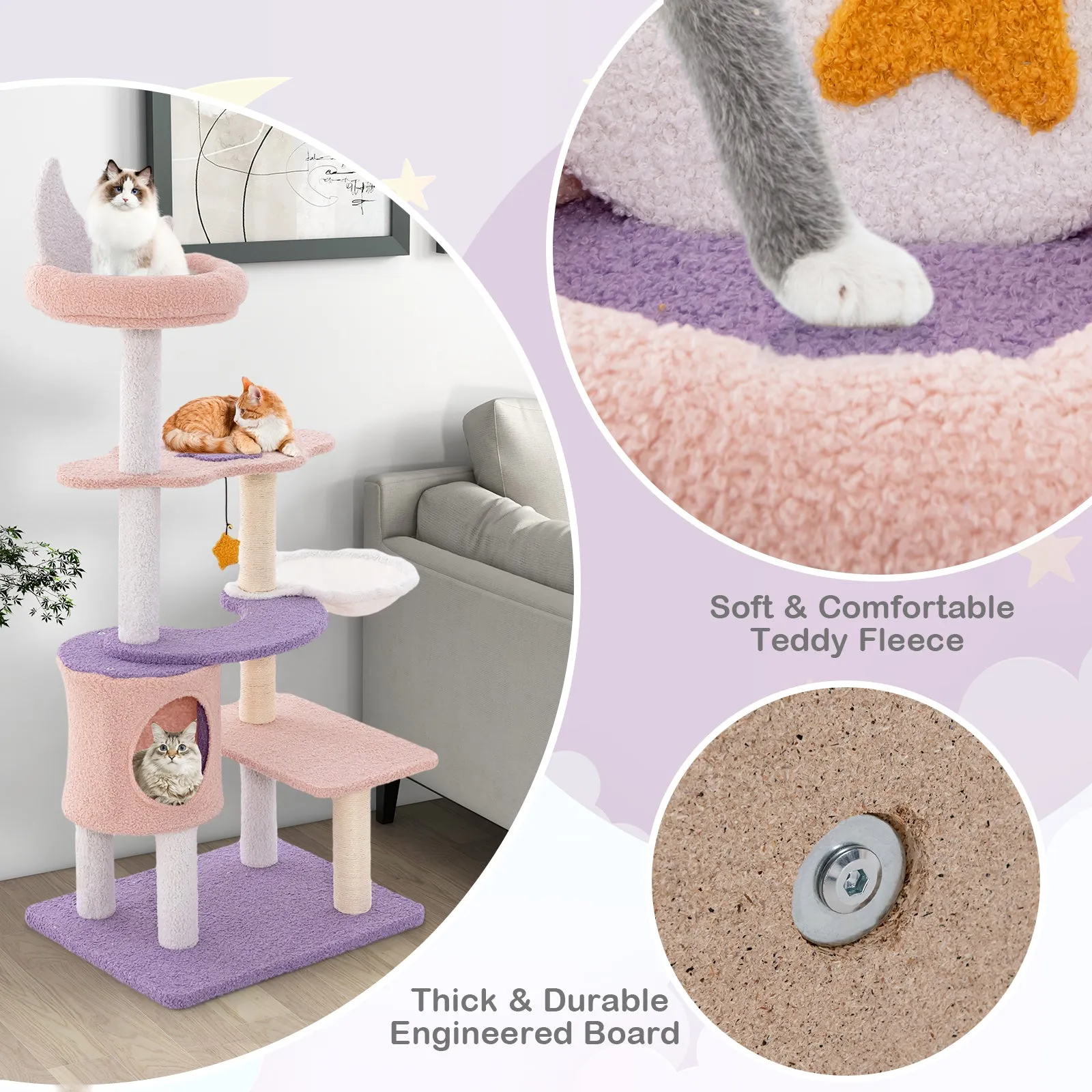 Multi-level Cute Cat Tree with Sisal Covered Scratching Posts and Condo-Purple
