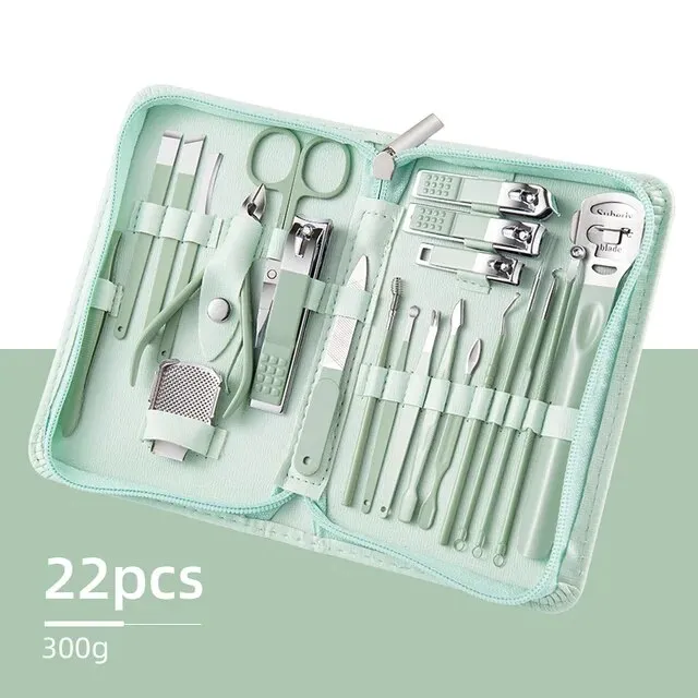 Nail clipper set green zipper style 22-piece nail clipper set complete stainless steel manicure nail clipper set