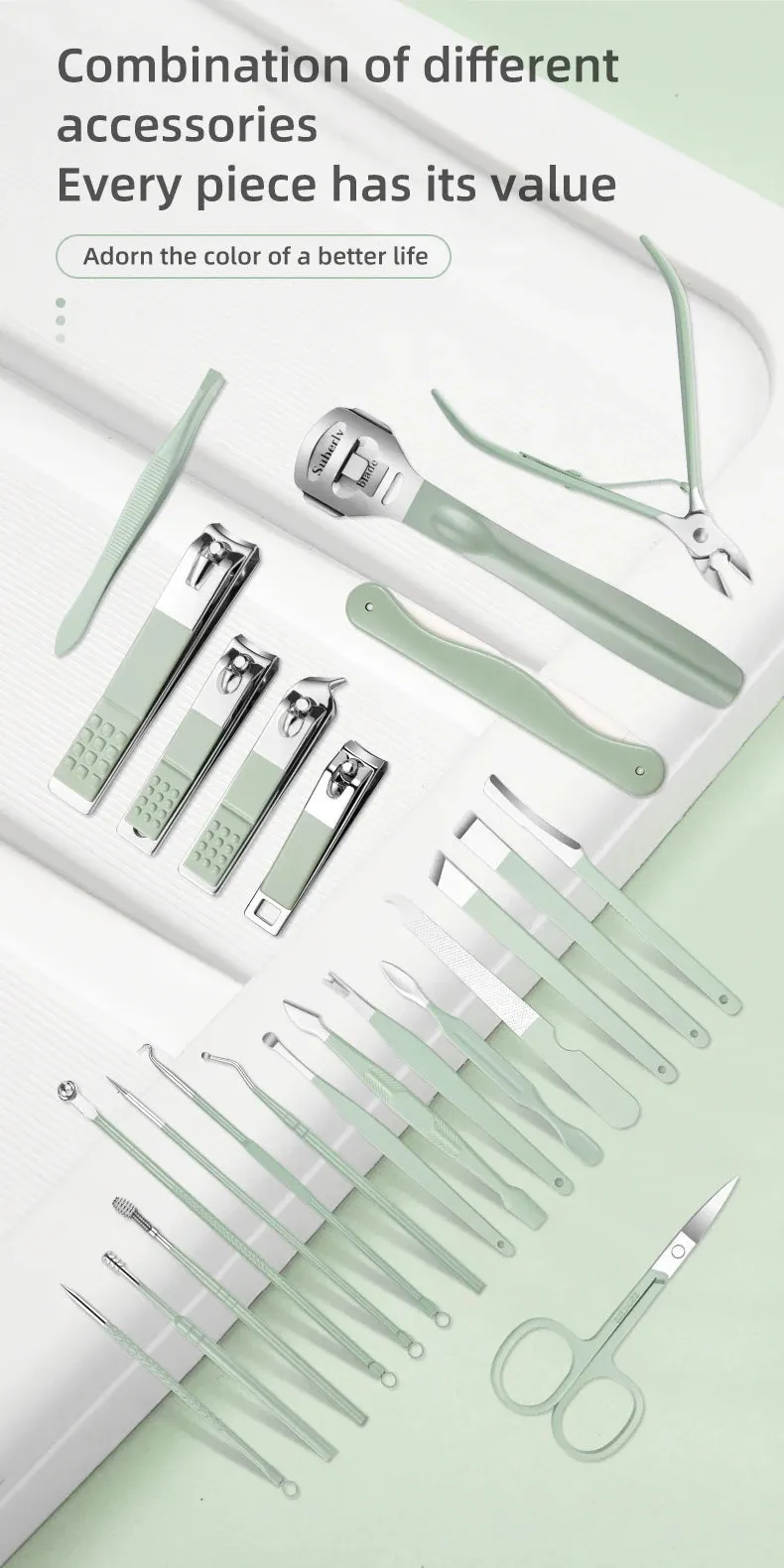Nail clipper set green zipper style 22-piece nail clipper set complete stainless steel manicure nail clipper set