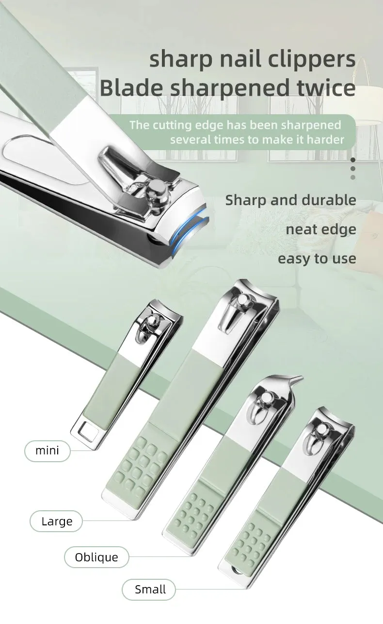 Nail clipper set green zipper style 22-piece nail clipper set complete stainless steel manicure nail clipper set