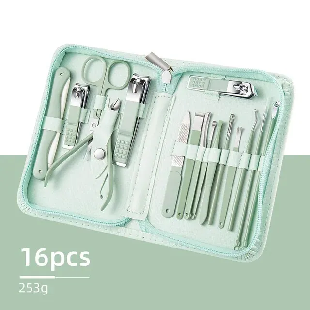 Nail clipper set green zipper style 22-piece nail clipper set complete stainless steel manicure nail clipper set