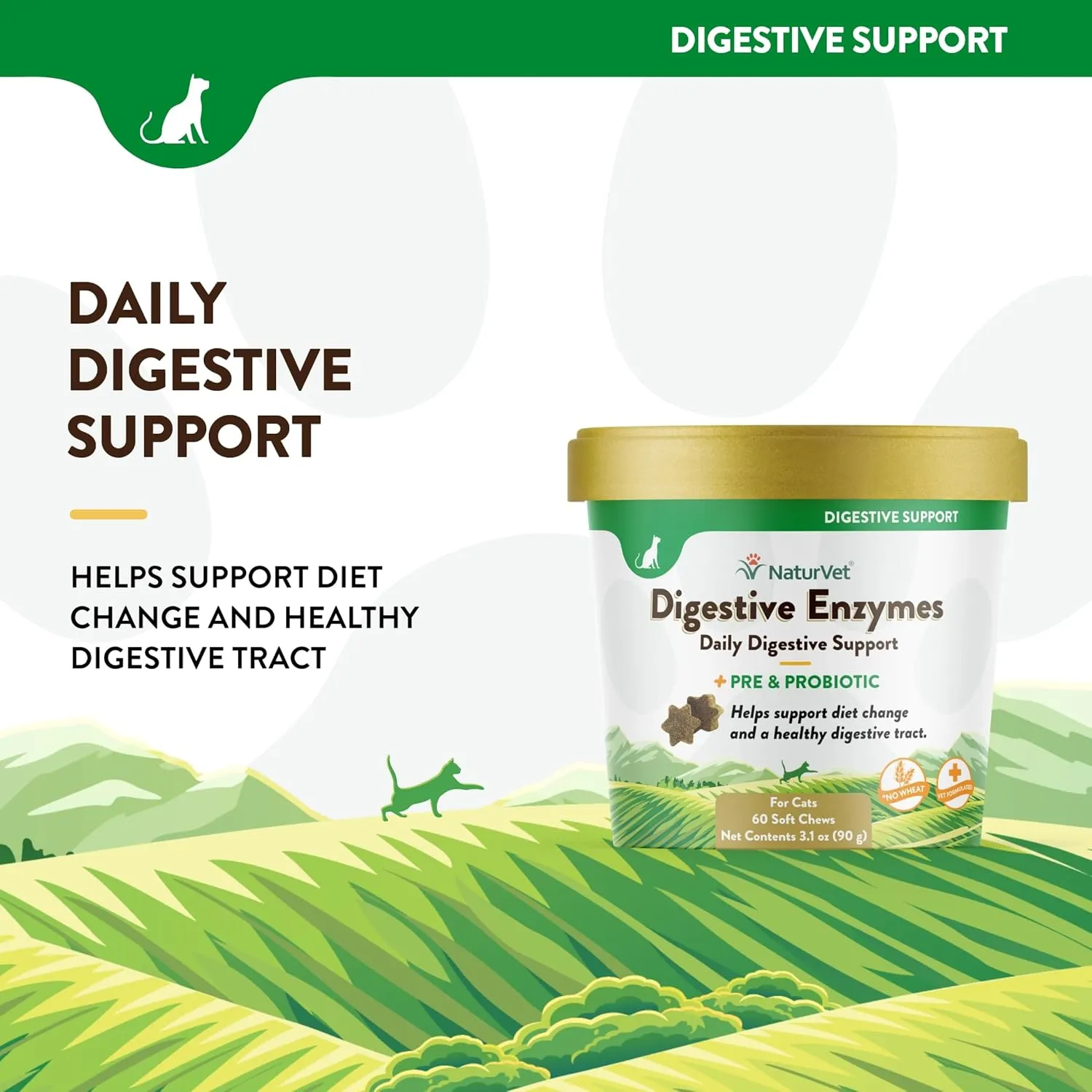 NaturVet Digestive Enzymes Soft Chews Daily Digestive Support with Pre & Probiotic for Cats, 60 count