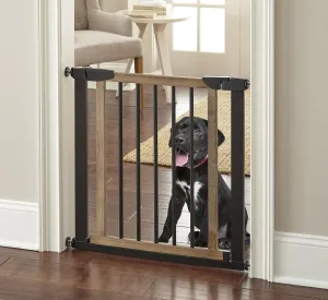 NMN Designs Logan Dog Gate - Indoor Pet Barrier and Wooden Dog Gate with Walk Through Swinging Door - Pressure Mounted for Walls and Stairs - Puppy Gates for The House - Expandable 29.5" to 51.5"