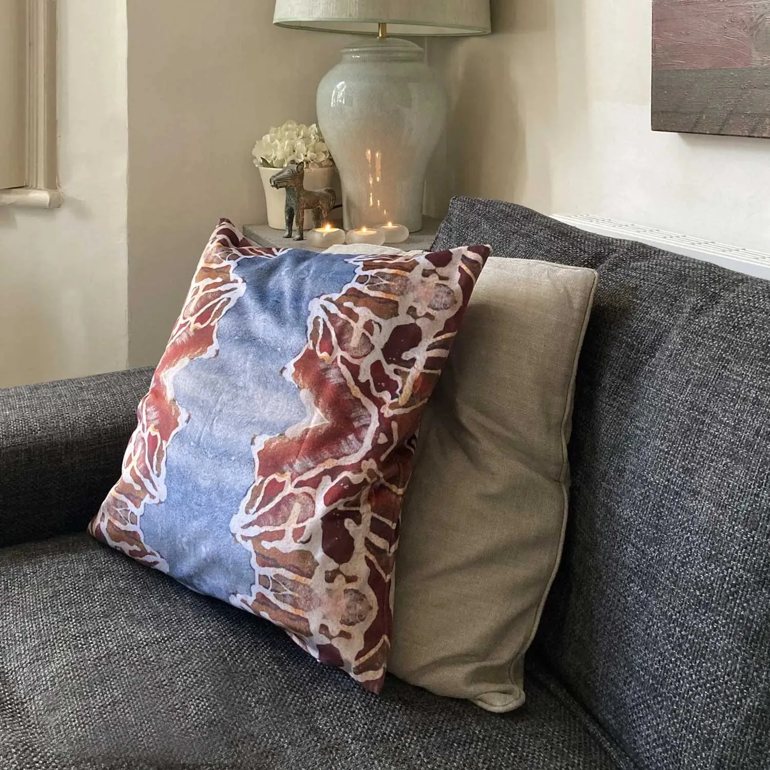 Orange Blue Rose Detail Velvet Cushion