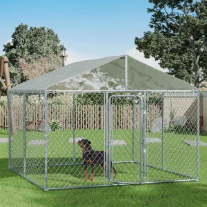 Outdoor Large Dog Kennel Enclosure with Roof - Heavy Duty Dog Kennel House Mesh Big Pet Cage Pen Playpen with Steel Galvanized Fence Waterproof, Secure Lock Outside (118" L x 118" W x 83" H)