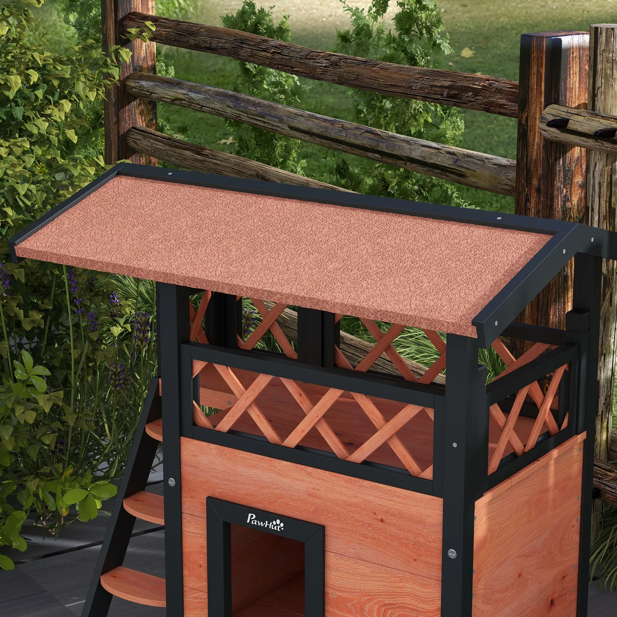 PawHut Cat House Outdoor w/ Balcony Stairs Roof, 77 x 50 x 73 cm, Brown