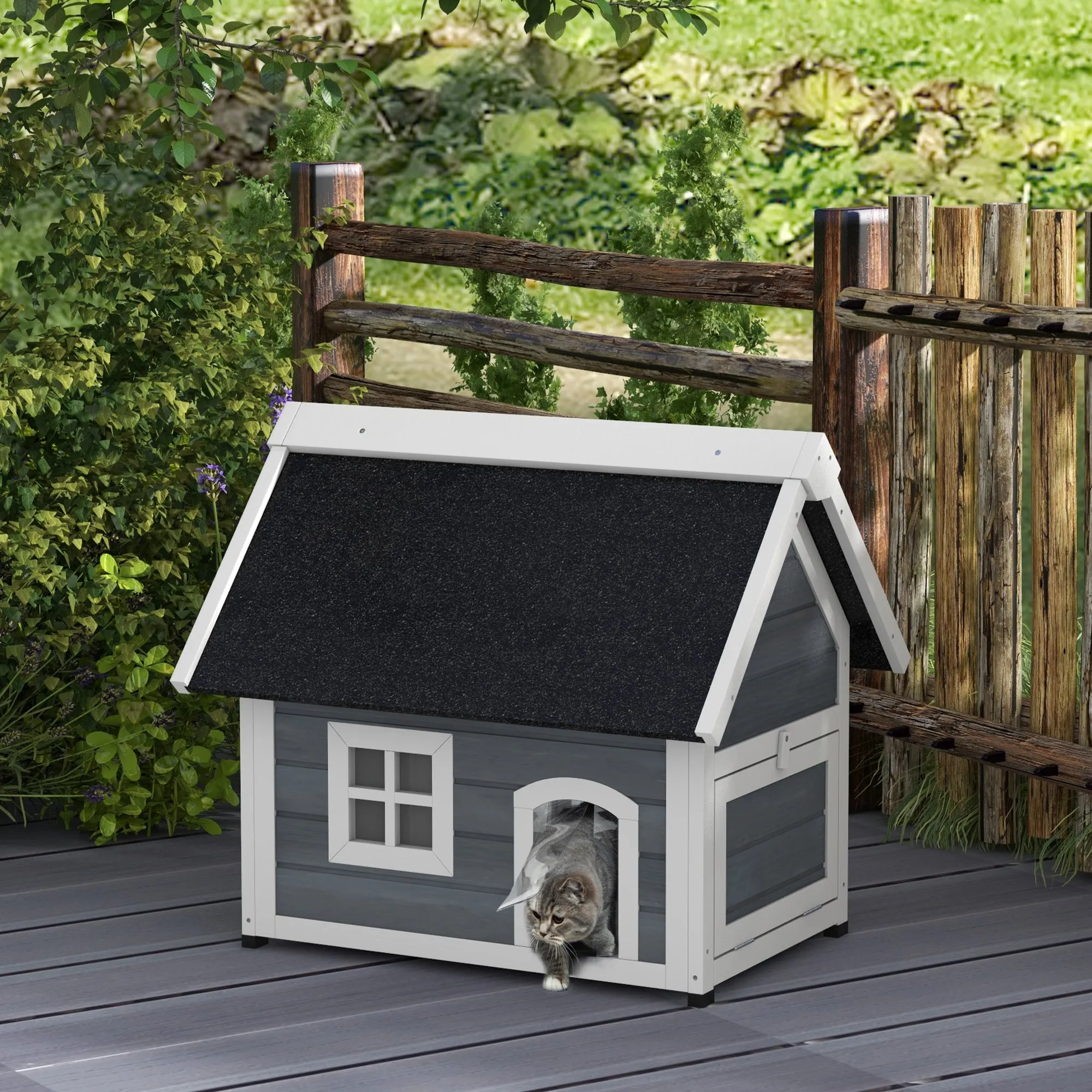 PawHut Outdoor Cat House, Wooden Feral Cat Shelter, with Openable Asphalt Roof, Three Doors - Grey