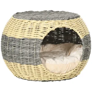 PawHut Wicker Cat House, Rattan Raised Cat Bed, Cosy Kitten Cave with Soft Washable Cushion, 40 x 30cm