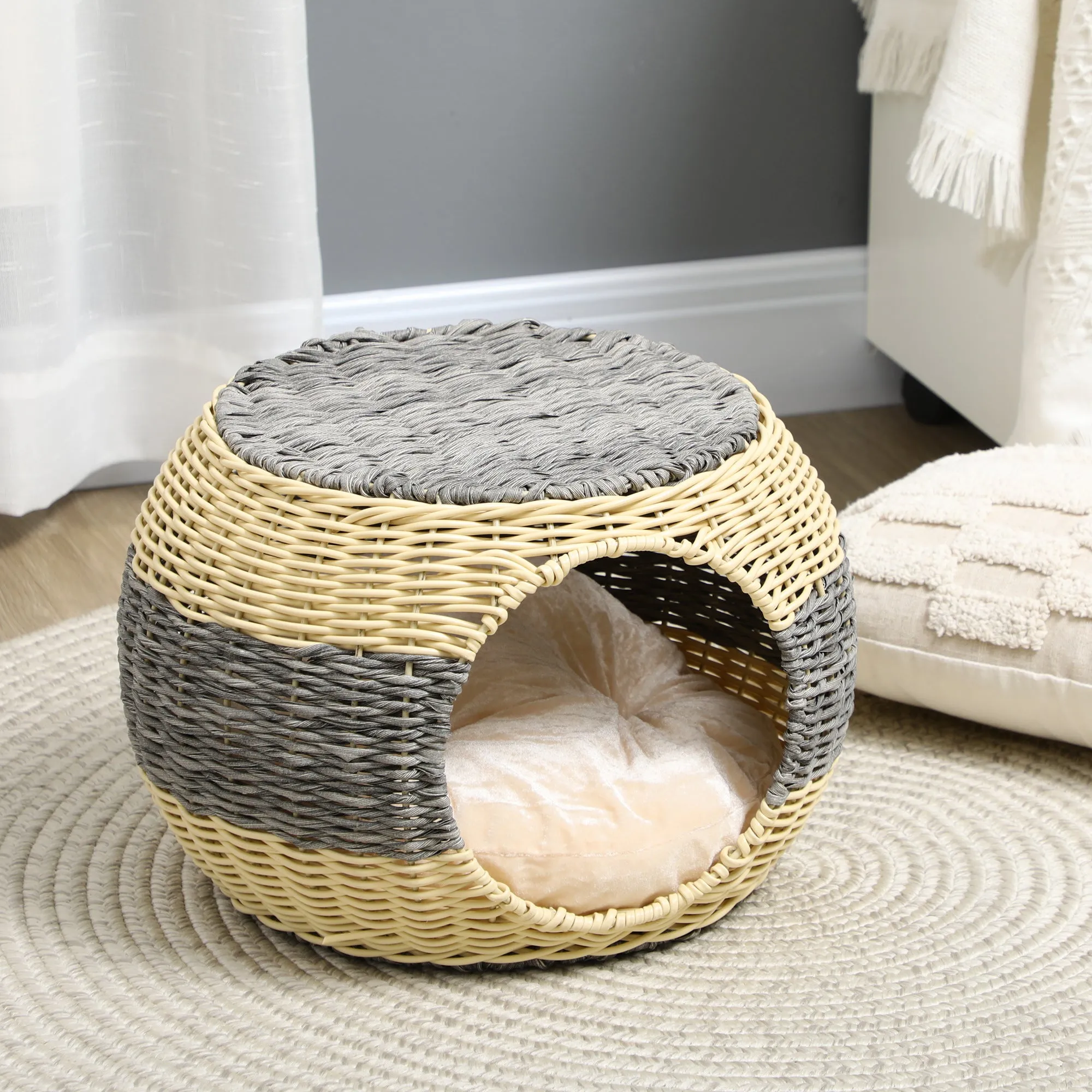 PawHut Wicker Cat House, Rattan Raised Cat Bed, Cosy Kitten Cave with Soft Washable Cushion, â40 x 30cm