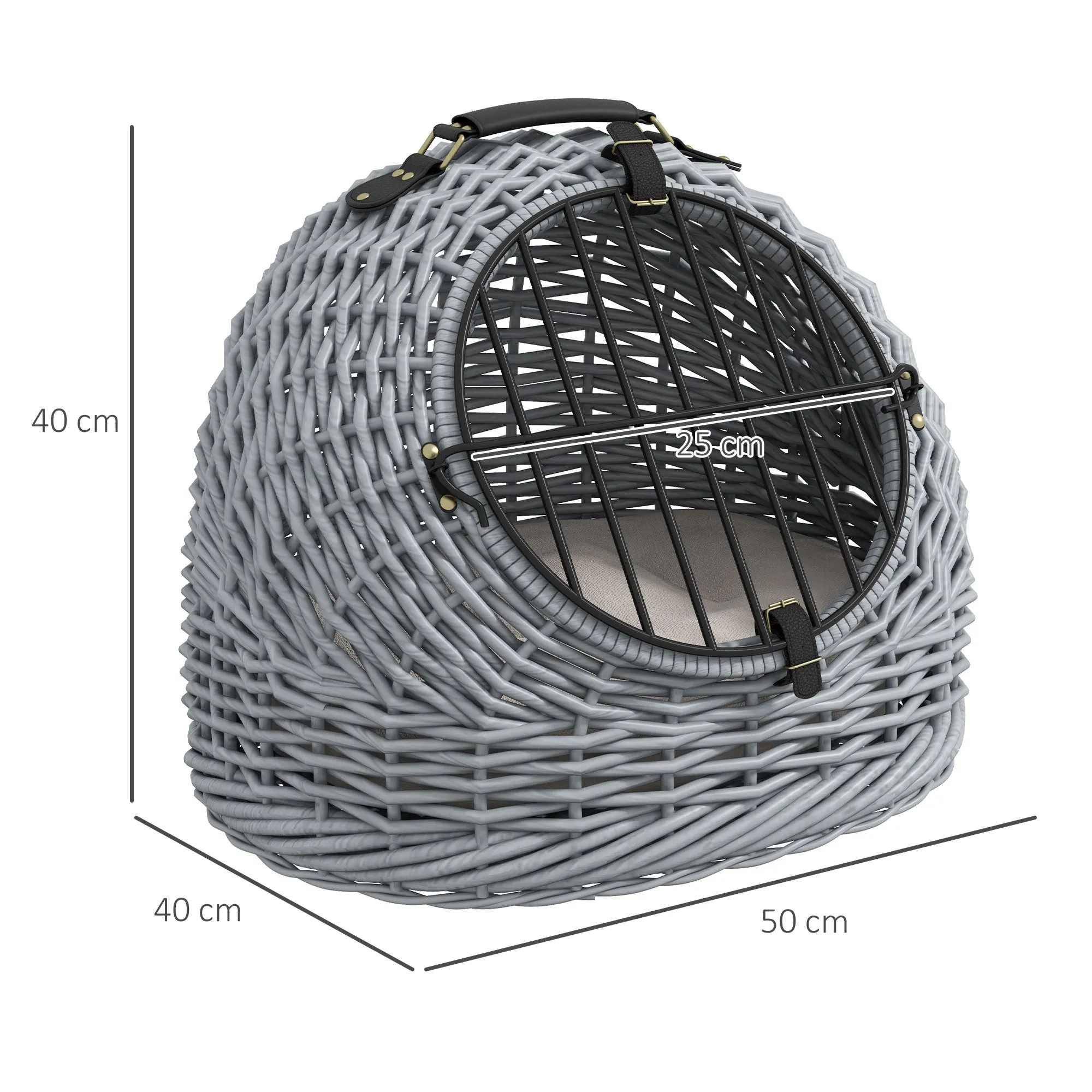 PawHut Wicker Pet Carrier Basket Cat Kitten Bed Portable Travel Cage w/ Soft Cushion Handle Grey 50 x 40 x 40 cm