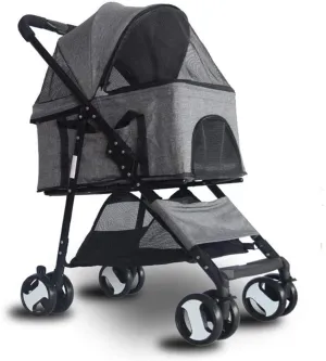 Pet Stroller Detachable 25Kg, Travel Trolley with 2 Front Swivel Wheels Foldable 4 Wheels Pram Buggy for Medium Dog (Grey)