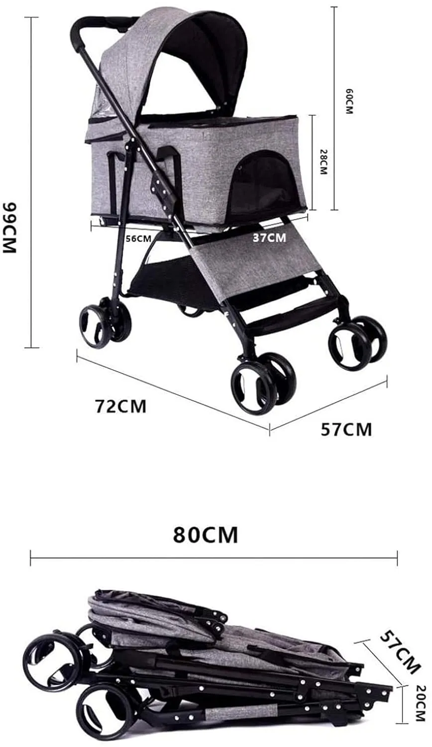 Pet Stroller Detachable 25Kg, Travel Trolley with 2 Front Swivel Wheels Foldable 4 Wheels Pram Buggy for Medium Dog (Grey)