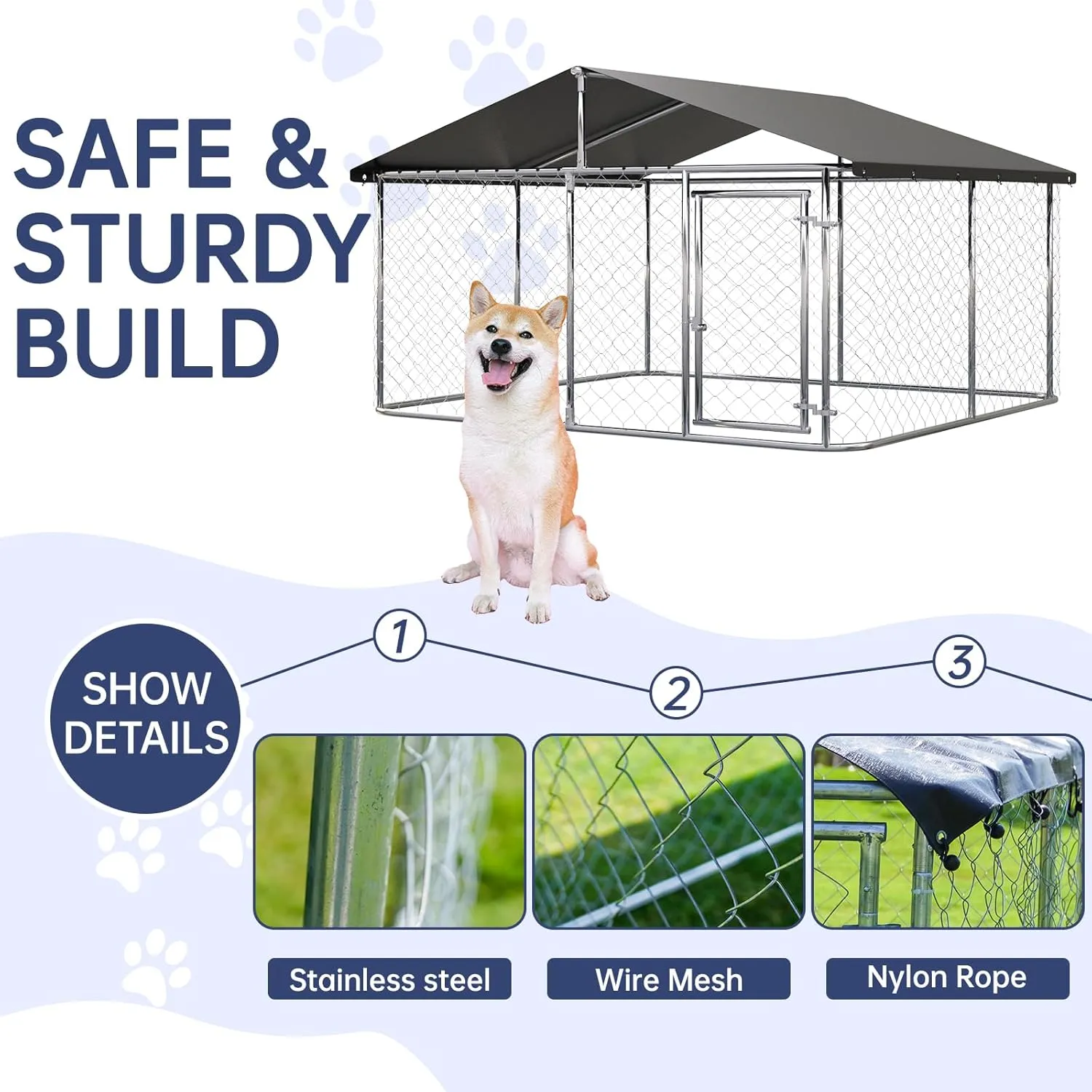 Petonly Outdoor Dog Enclosure Heavy Duty Dog Kennel House Mesh Dog Big Cage Pet Kennel Steel Fence with Secure Lock(118x 118)