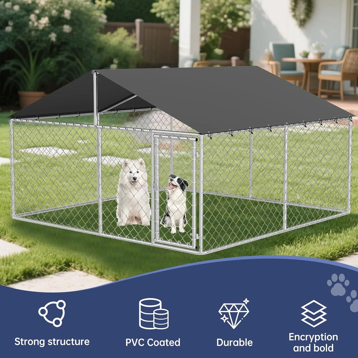 Petonly Outdoor Dog Enclosure Heavy Duty Dog Kennel House Mesh Dog Big Cage Pet Kennel Steel Fence with Secure Lock(118x 118)