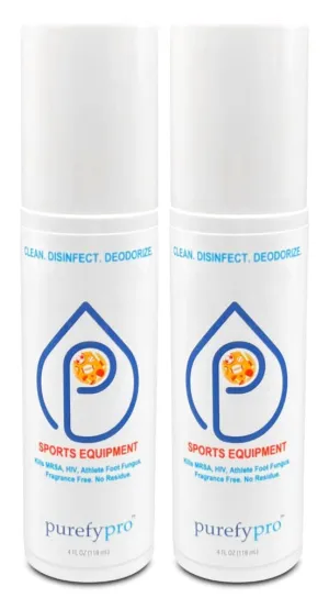 Purefypro Sports Equipment Disinfectant Spray - (4oz, 2pk) Kills 99.9999% MRSA, HIV, Athlete Foot Fungus, Virus and Fungi. No Rinse, No Residue. Sports Pads, Yoga Mats, Shoes, Boxing Gloves Euipment