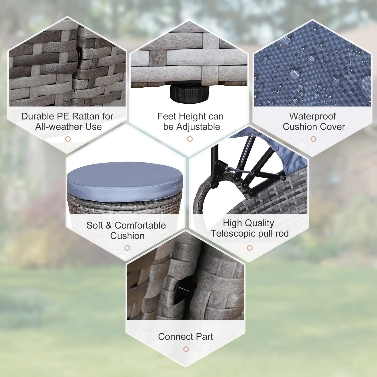 Rattan Lounge Set, 5 Pieces Patio Conversation Furniture Set, Garden Round Sofa Bed with Cushion and Retractable Canopy, Grey