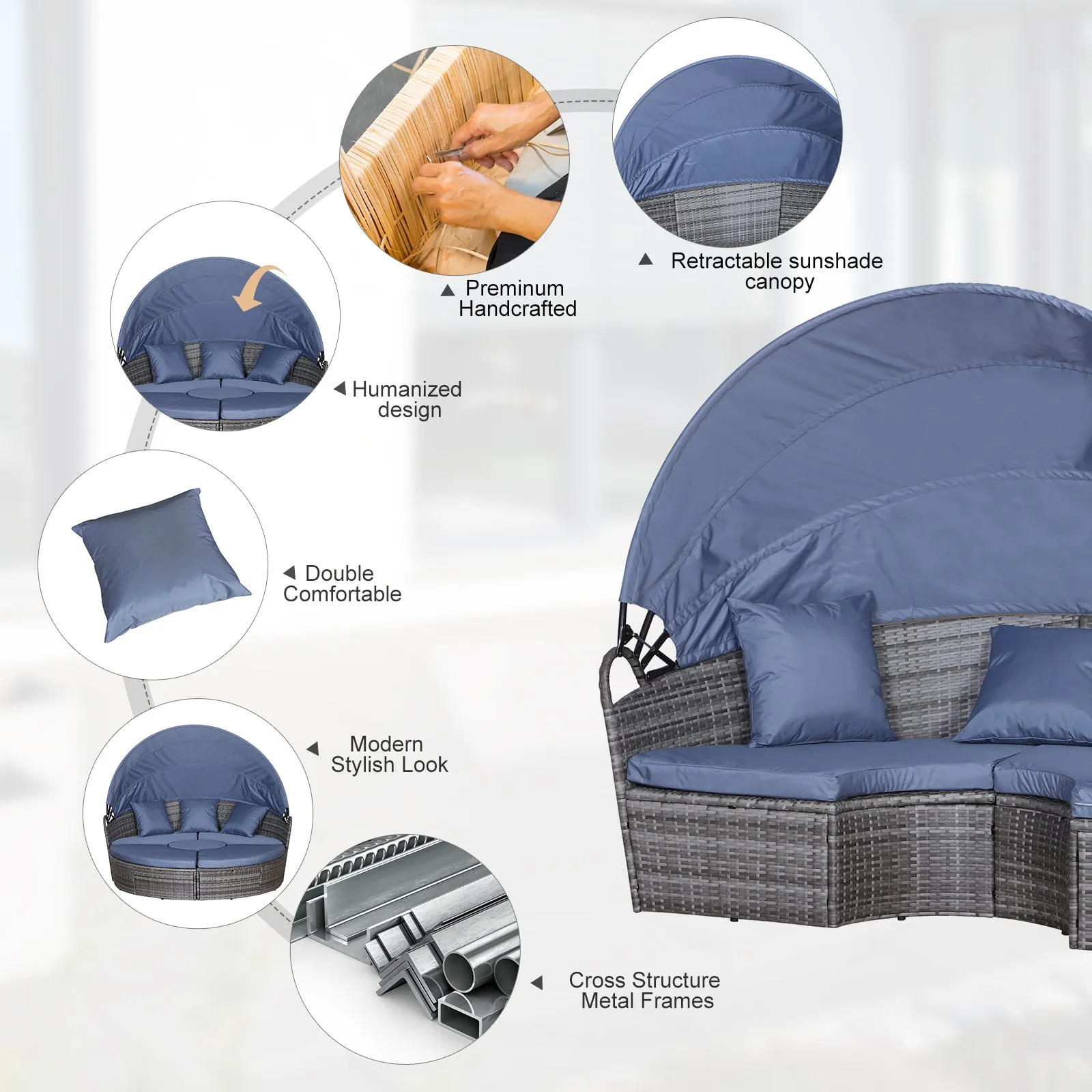 Rattan Lounge Set, 5 Pieces Patio Conversation Furniture Set, Garden Round Sofa Bed with Cushion and Retractable Canopy, Grey