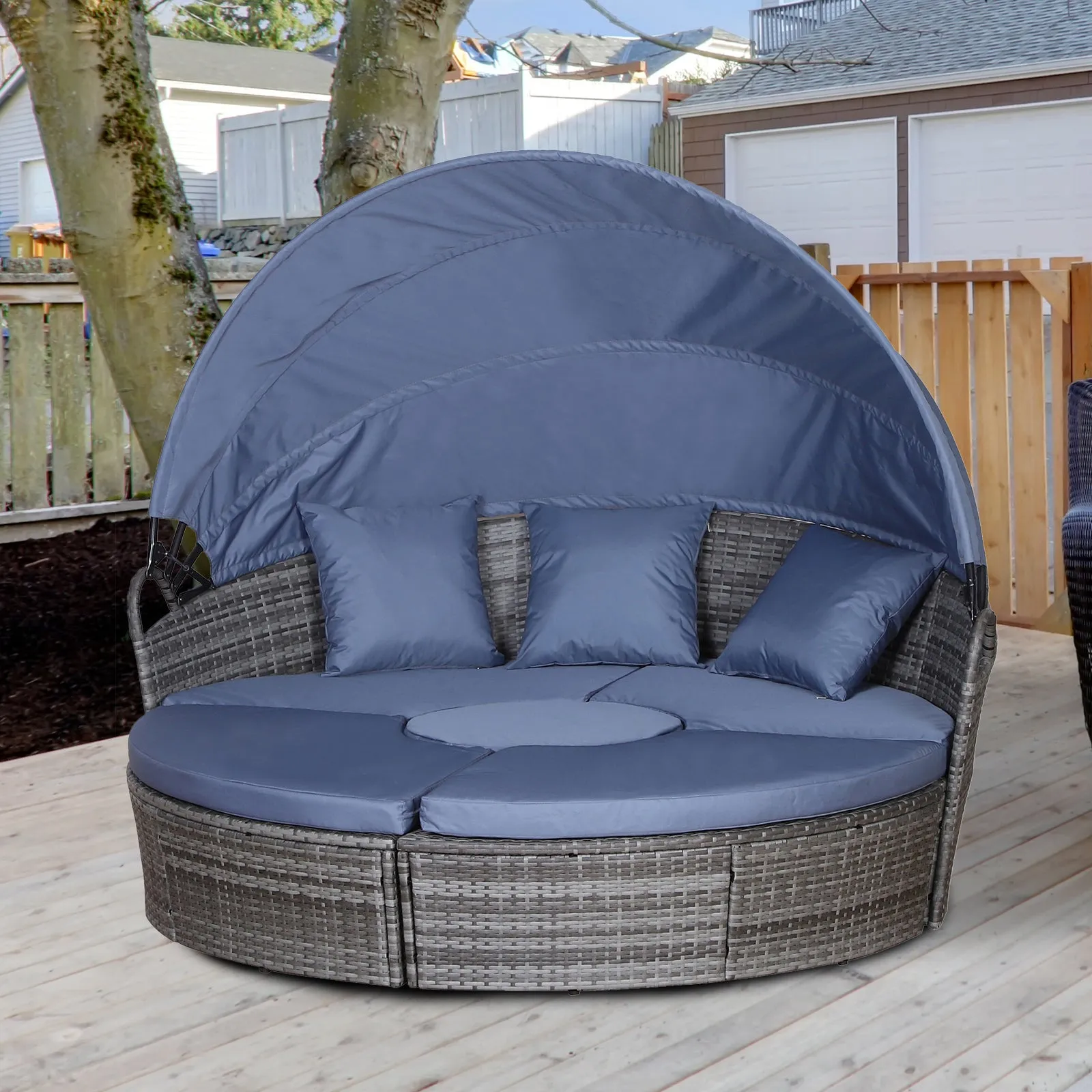 Rattan Lounge Set, 5 Pieces Patio Conversation Furniture Set, Garden Round Sofa Bed with Cushion and Retractable Canopy, Grey