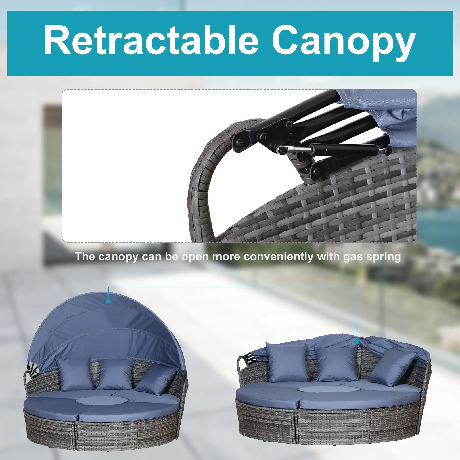 Rattan Lounge Set, 5 Pieces Patio Conversation Furniture Set, Garden Round Sofa Bed with Cushion and Retractable Canopy, Grey