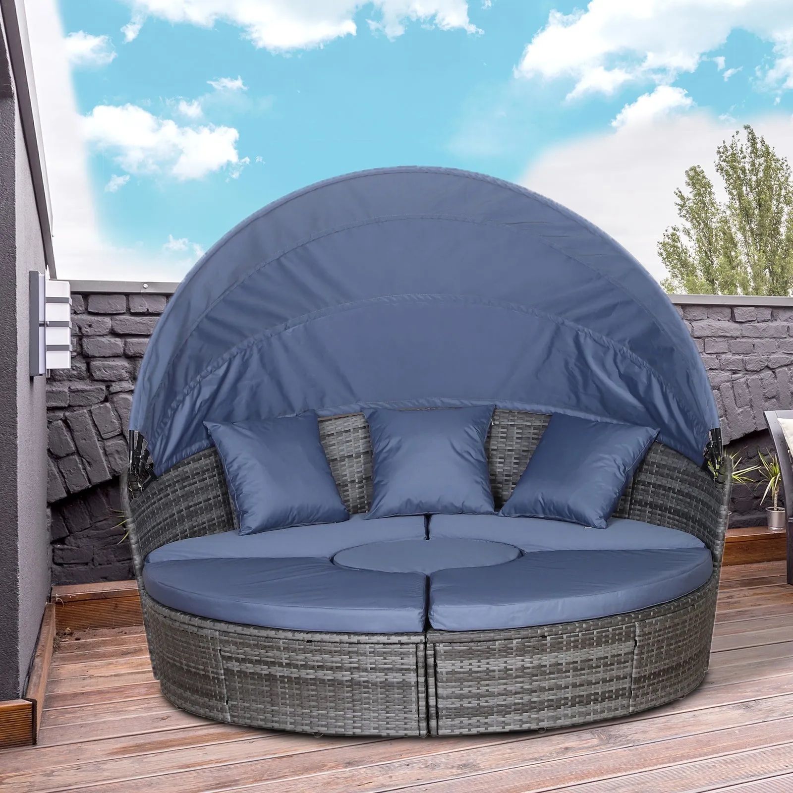 Rattan Lounge Set, 5 Pieces Patio Conversation Furniture Set, Garden Round Sofa Bed with Cushion and Retractable Canopy, Grey