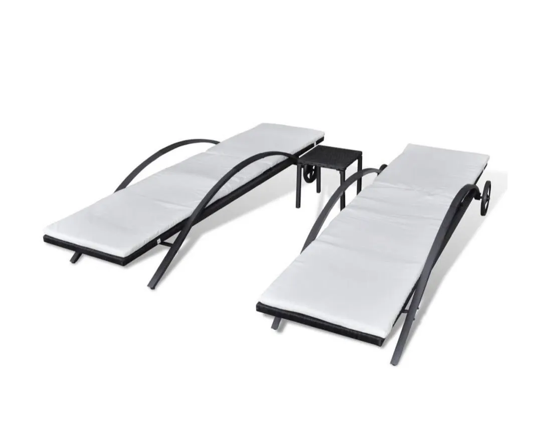 Sunlounger Set 3 Piece Poly Rattan Black Outdoor Pool Daybed Recliner