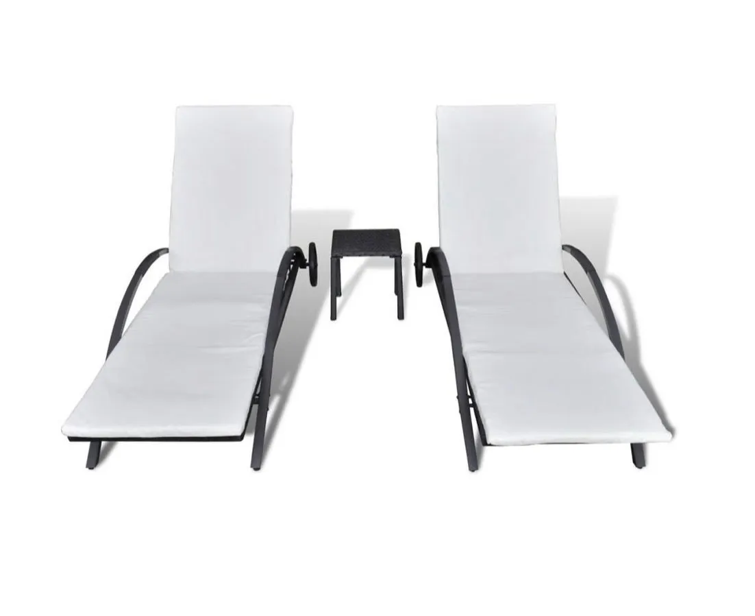Sunlounger Set 3 Piece Poly Rattan Black Outdoor Pool Daybed Recliner