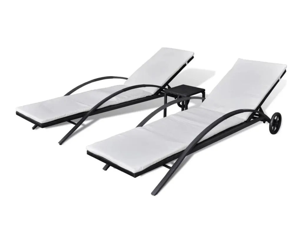 Sunlounger Set 3 Piece Poly Rattan Black Outdoor Pool Daybed Recliner