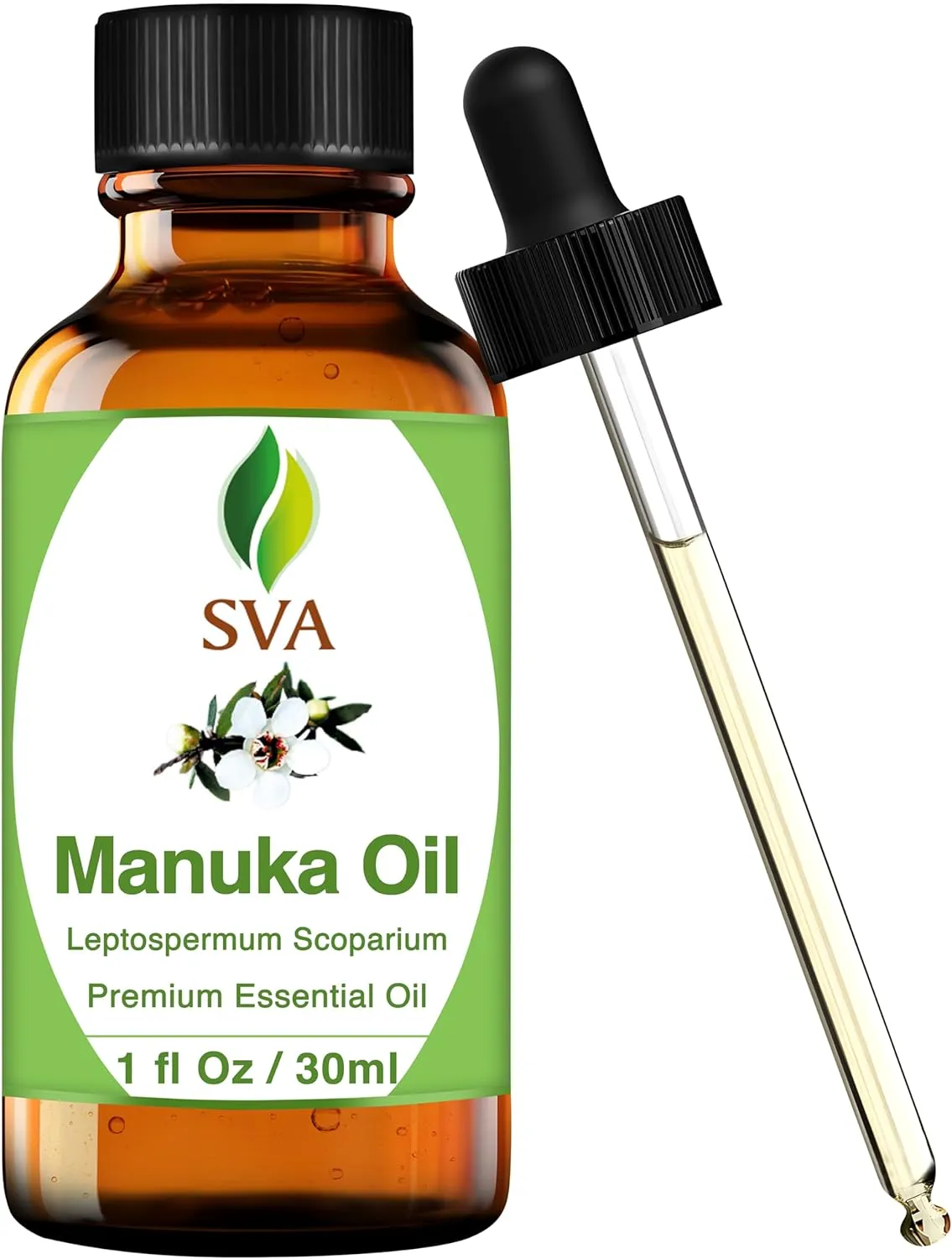 SVA Manuka Essential Oil  1 Fl Oz  100% Natural Manuka Oil - for Diffuser, Hair Care, Face, Skin Care, Aromatherapy, Scalp and Body Massage, Soap and Candle Making  with Dropper